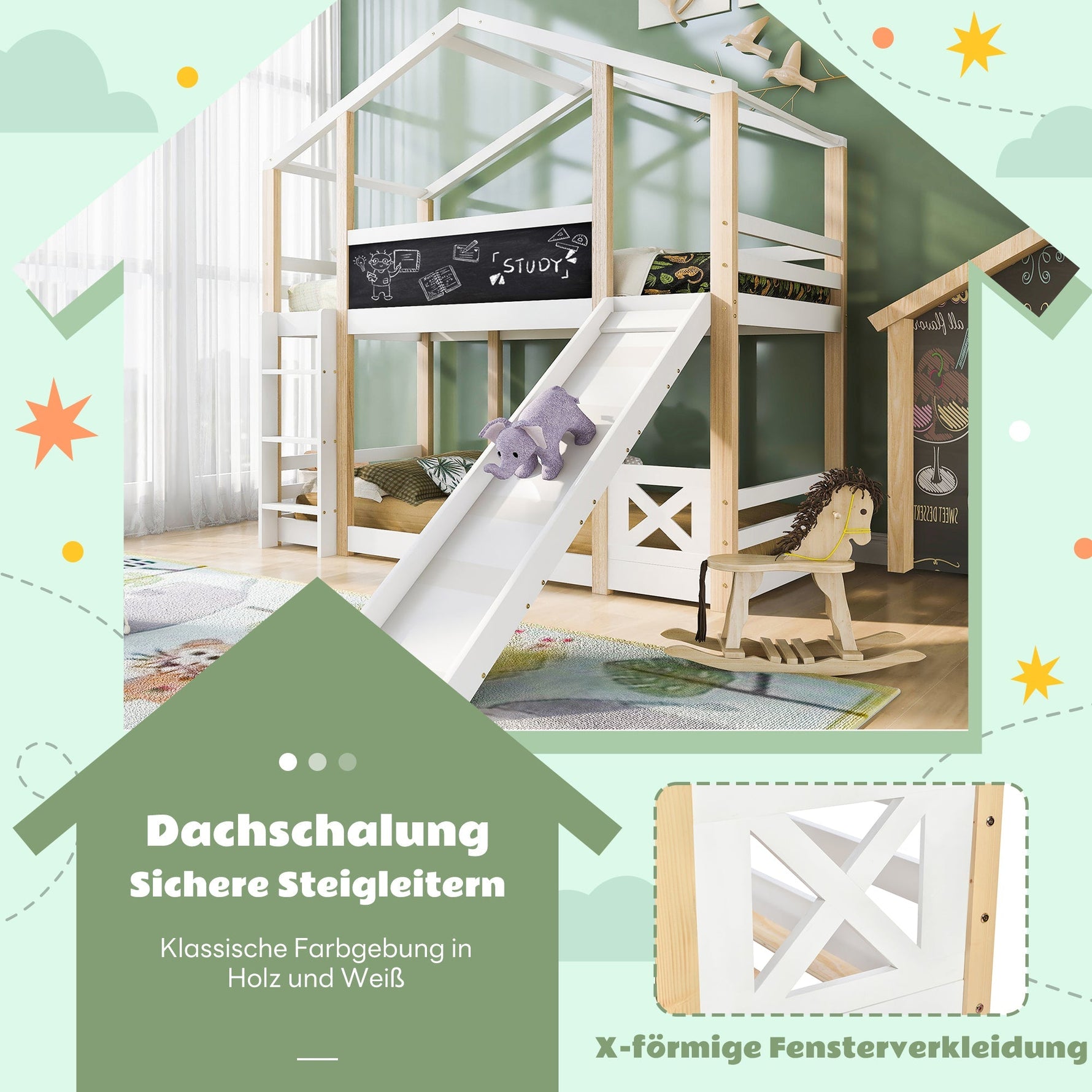 Children's Bed Tree House, Loft Bed with Slide & Ladder, 90x200cm, Natural & White