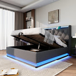 Upholstered Bed, 360 LED Hydraulic Storage with USB, Gray Linen