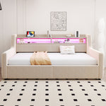 Upholstered Sofa Bed with Hydraulic Storage, LED Lighting and Charging Station, 90x200cm, Beige Velvet