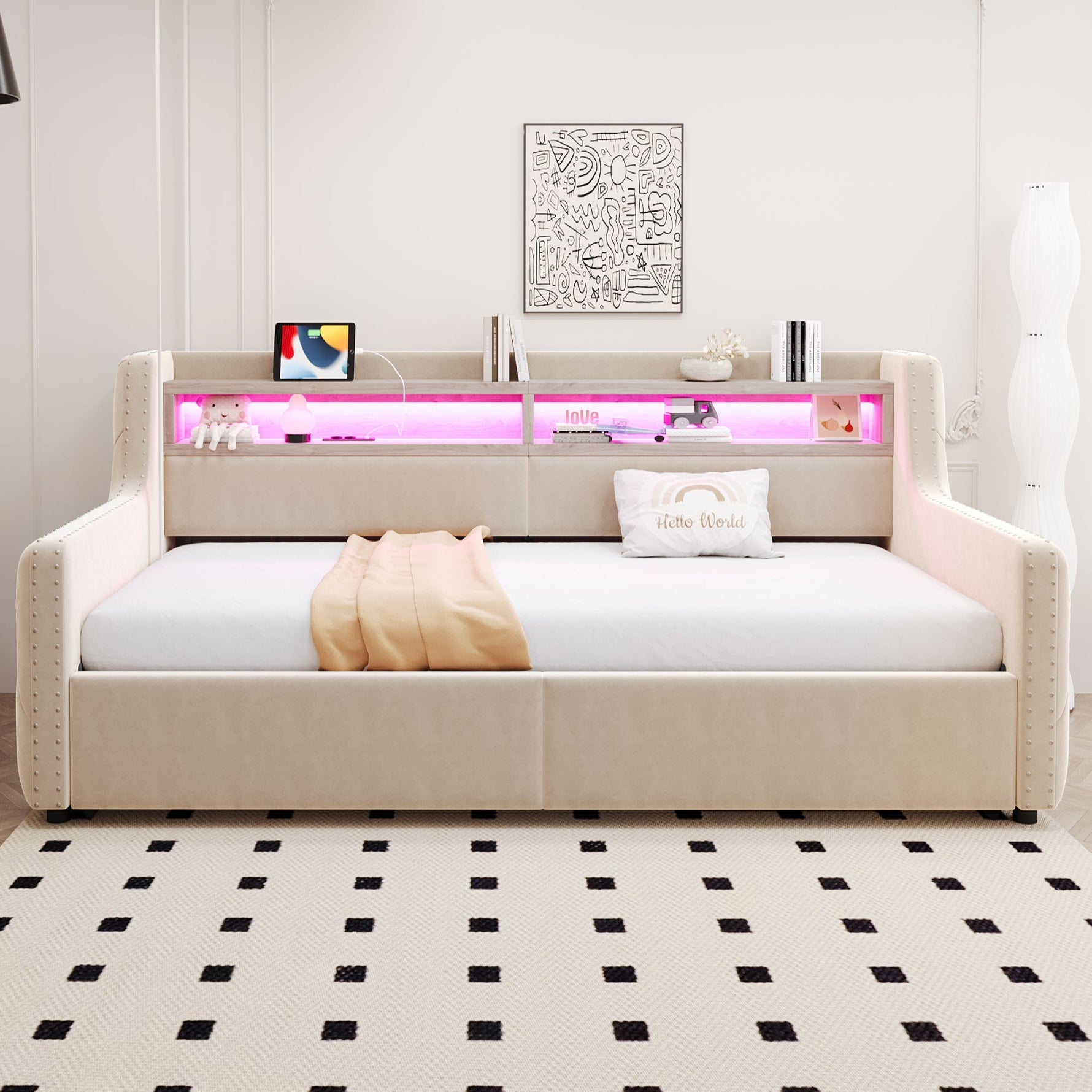 Upholstered Sofa Bed with Hydraulic Storage, LED Lighting and Charging Station, 90x200cm, Beige Velvet