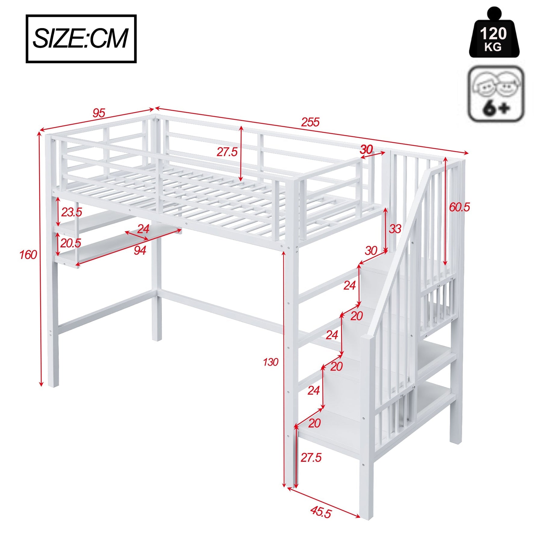 Loft Bed 90x200cm Storage Ladder Shelves - White