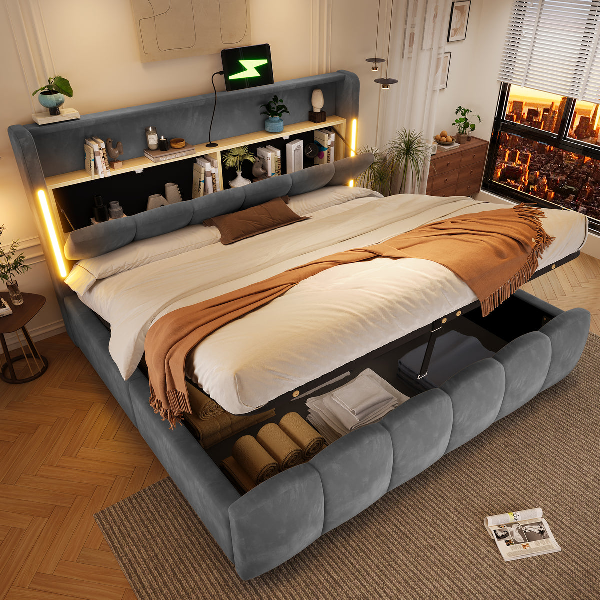 Upholstered Storage Bed 180x200 cm with LED in Velvet