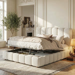 Upholstered Double Bed 140x190cm, Hydraulic Storage, White Bouclé