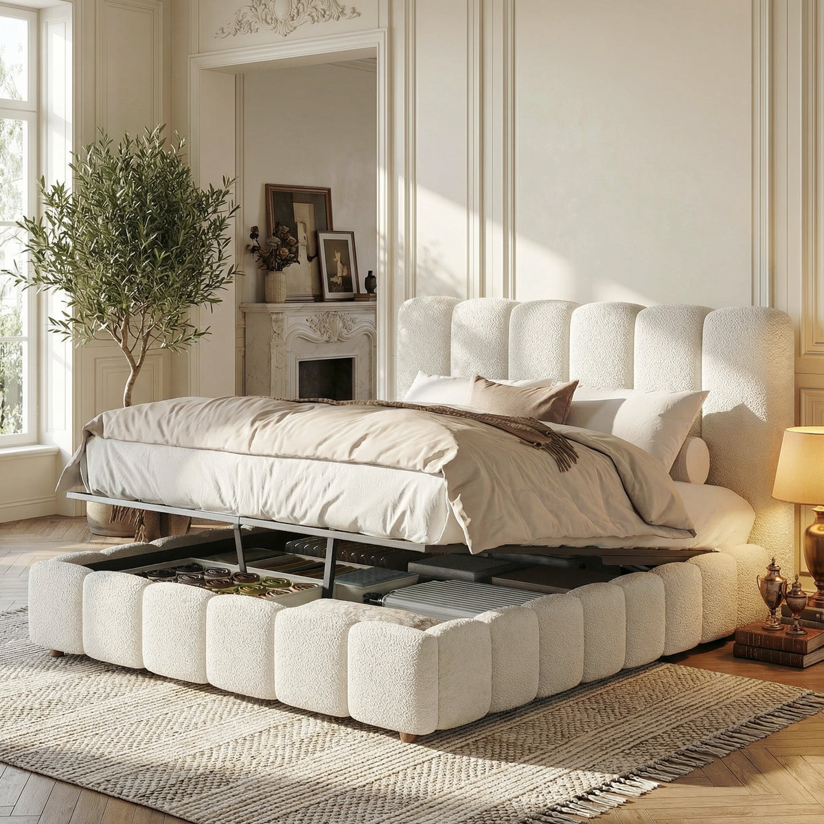 Upholstered Double Bed 140x200cm Hydraulic Storage White Bouclé