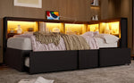 Metal Daybed with Pull-out Bed, Storage Cabinets, LED Lighting and USB Ports, 90x200cm, Black Metal