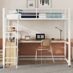 Loft Bed with L-Shaped Desk and Storage Drawers, White Metal Frame