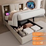 Single Bed, Wireless Charging USB C, Upholstered with Storage, 90x200cm Wood-Natural Linen