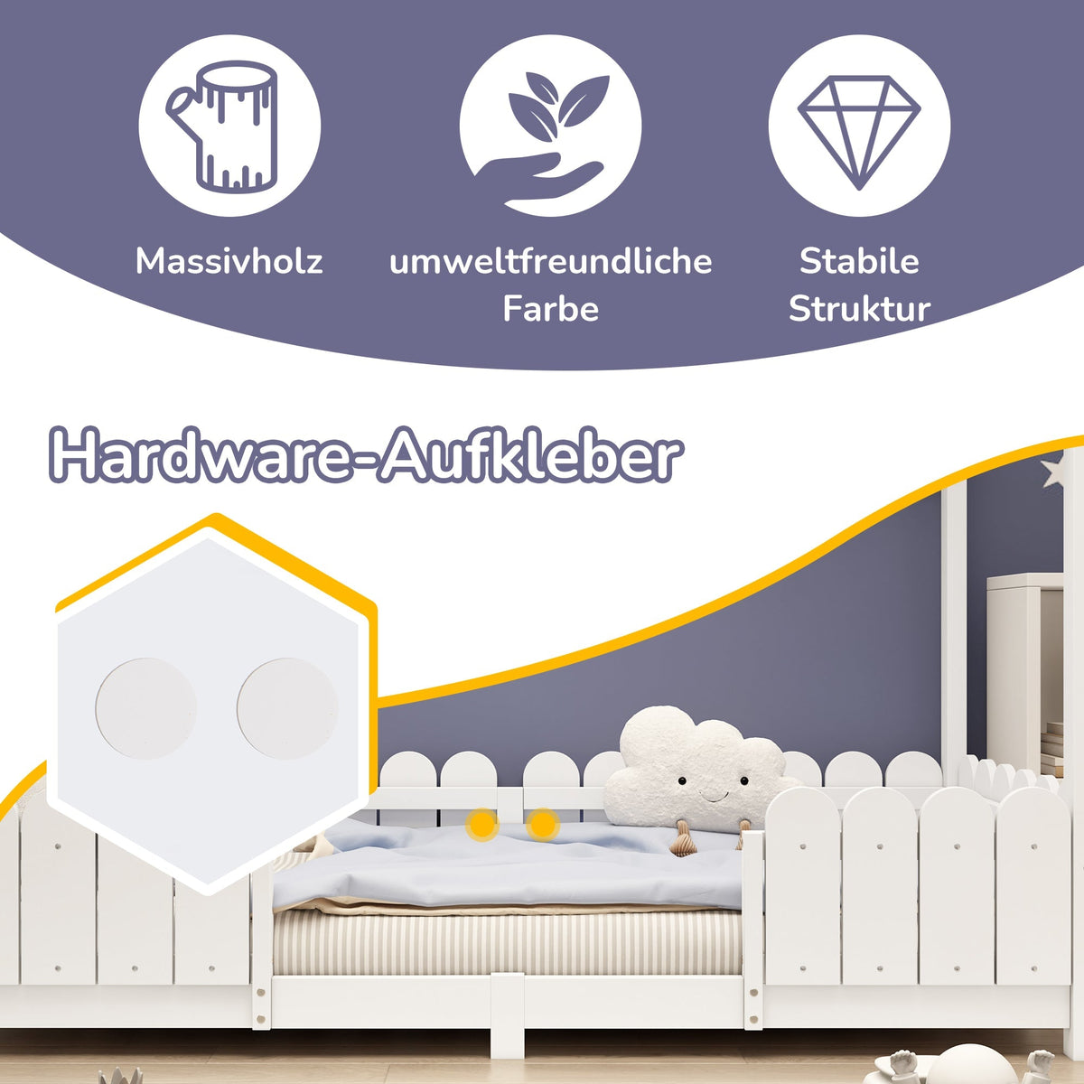 House bed 90x200 cm - versatile wooden children's bed with fall protection and slatted frame - white