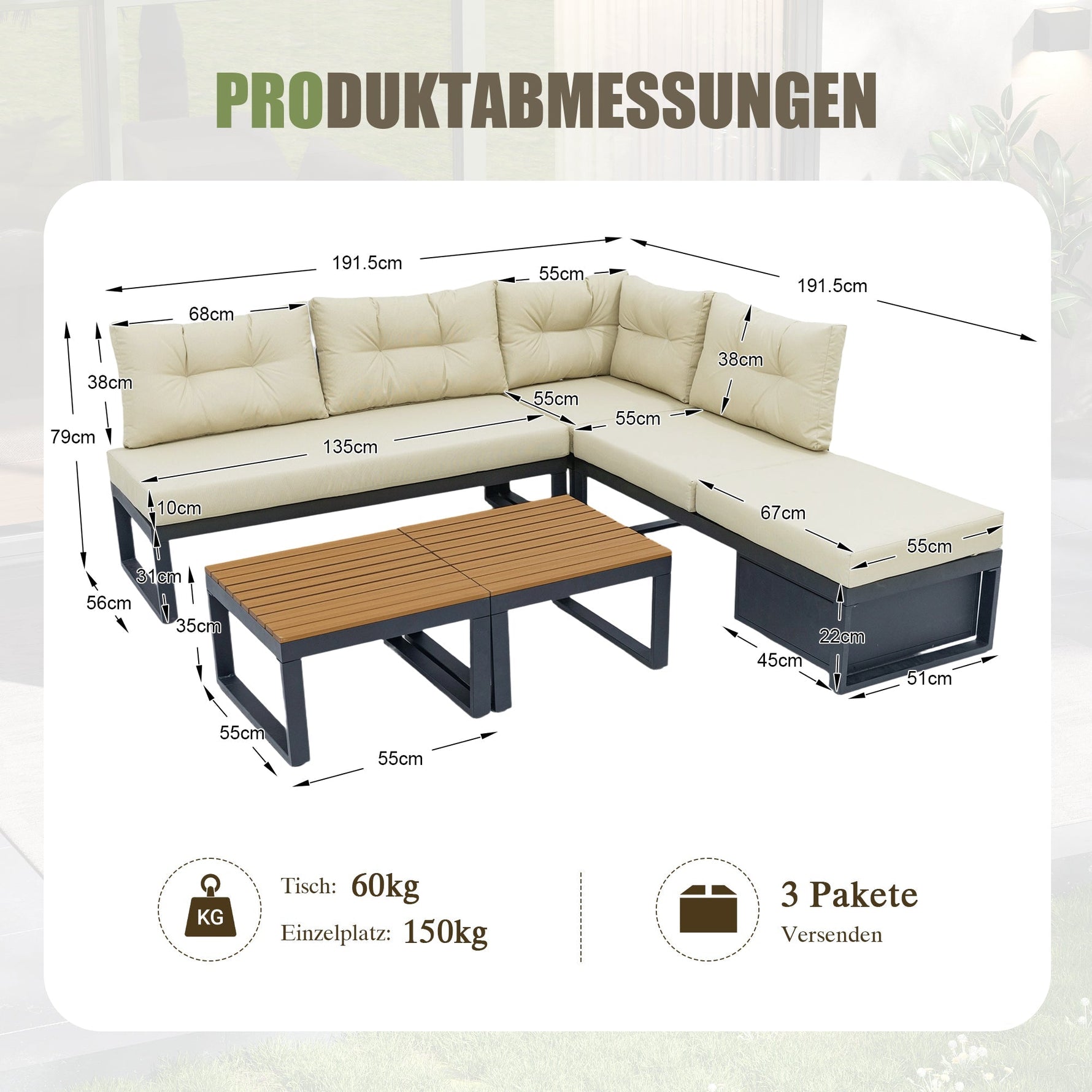 Garden Furniture Set with 3-Position Adjustable Reclining Backrest, Comfort Cushions and Storage, Beige