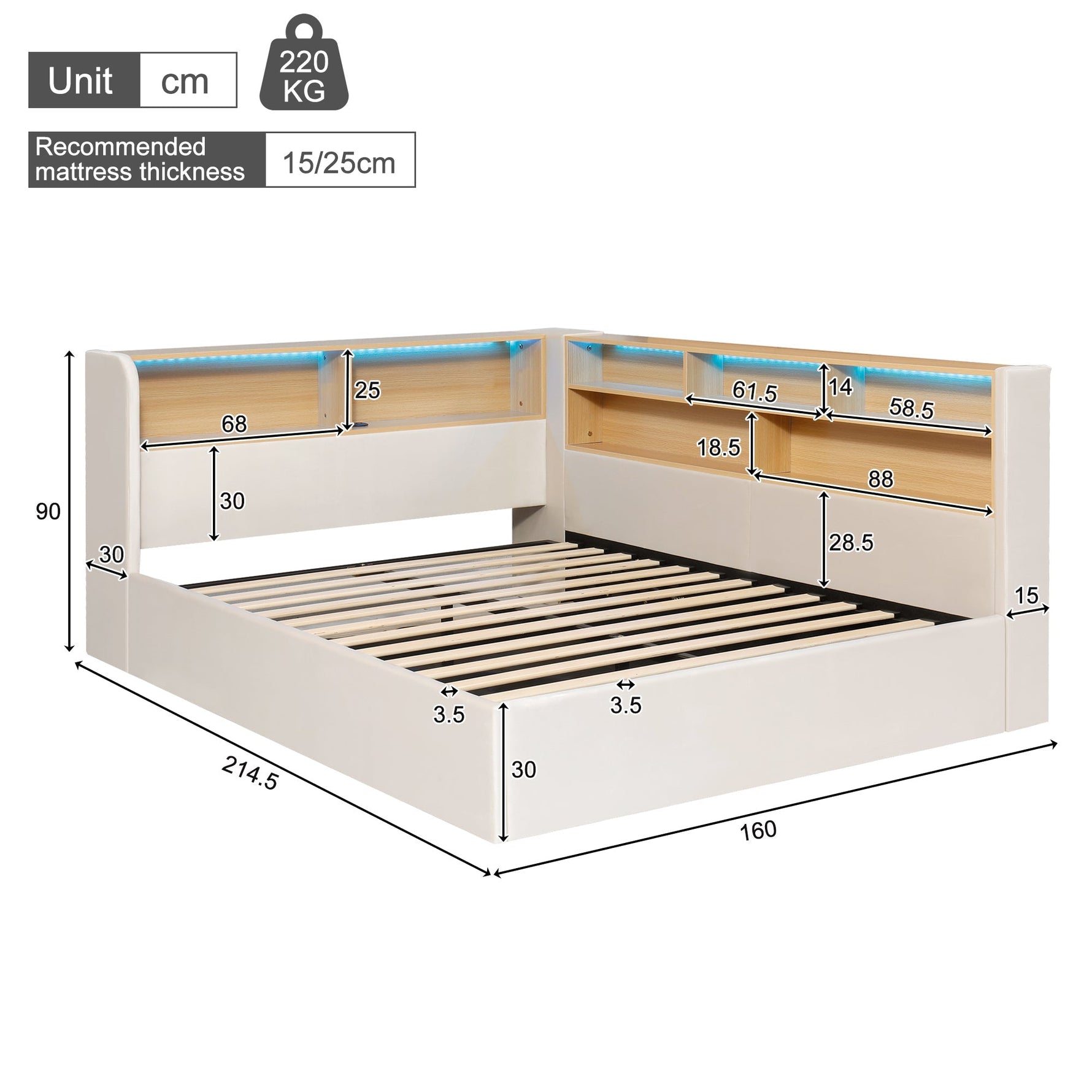 Daybed with Hydraulic Storage, LED, USB and Backrest, 140x190cm, Beige Velvet