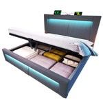 Double Bed with Hydraulic Storage, LED Lighting and USB Charging Ports, Gray Velvet