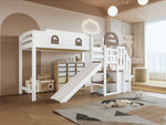 Bunk Bed, Children's with Window, Slide, Stairs & Storage, Pine + MDF, White + Brown, 90 x 200 cm