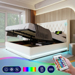 Upholstered Double Bed 180x200 with Storage & LED, White PU