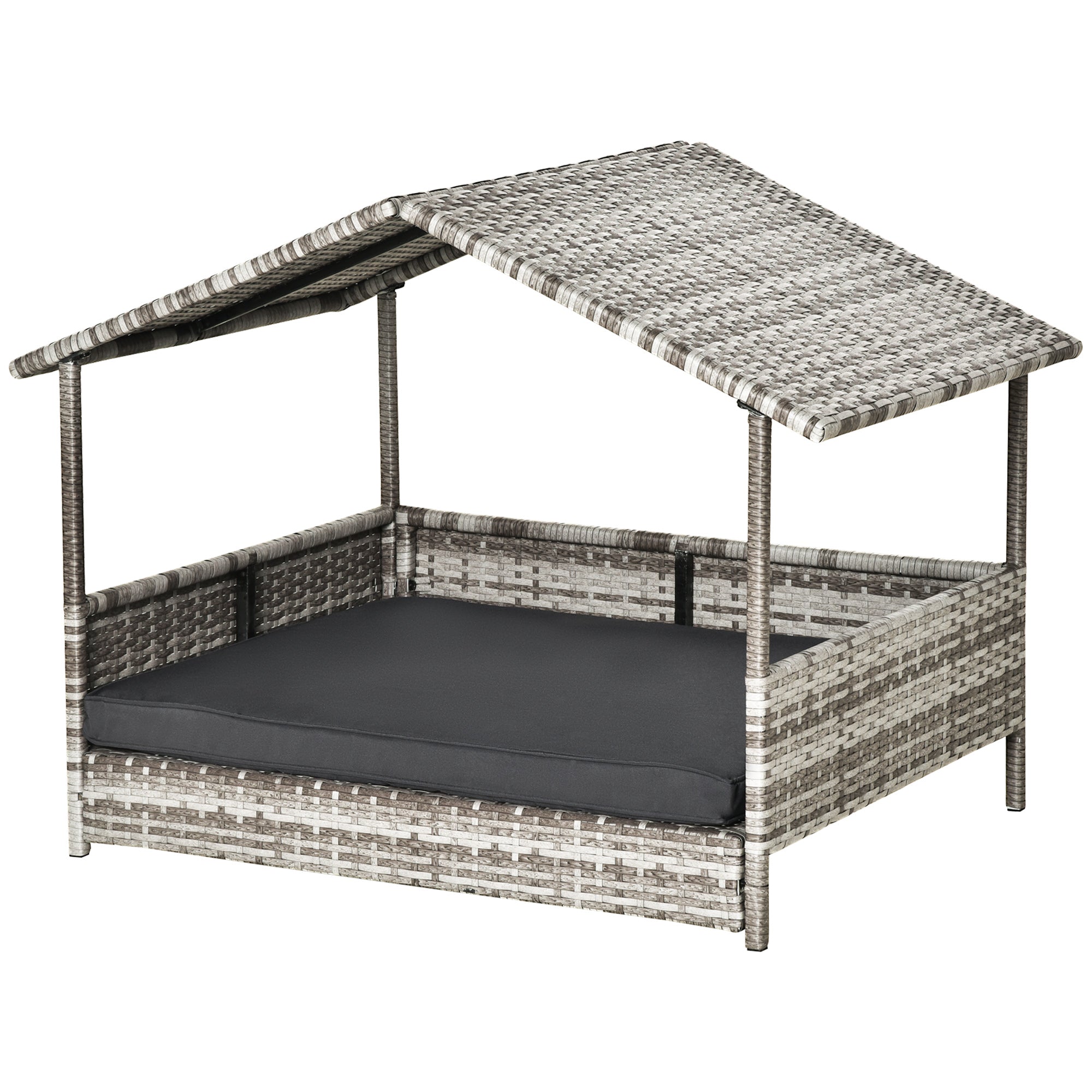 Rattan Dog House with Cushion, Outdoor Kennel, Grey Plastic