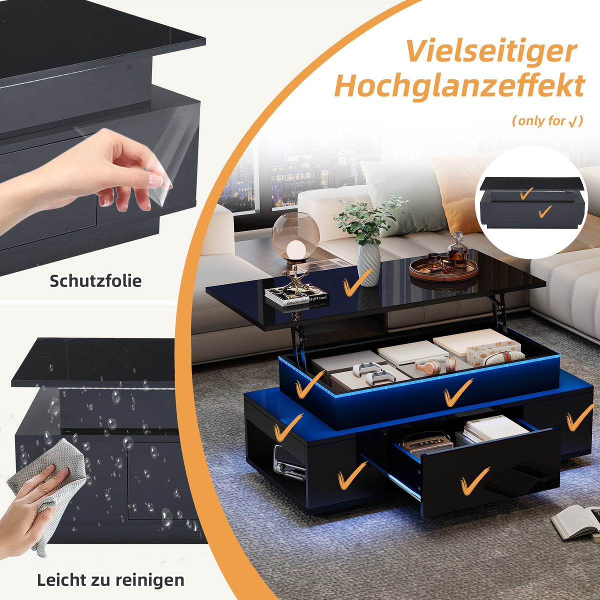 Coffee Table Height-Adjustable Hidden Storage Drawer LED High-Gloss Black