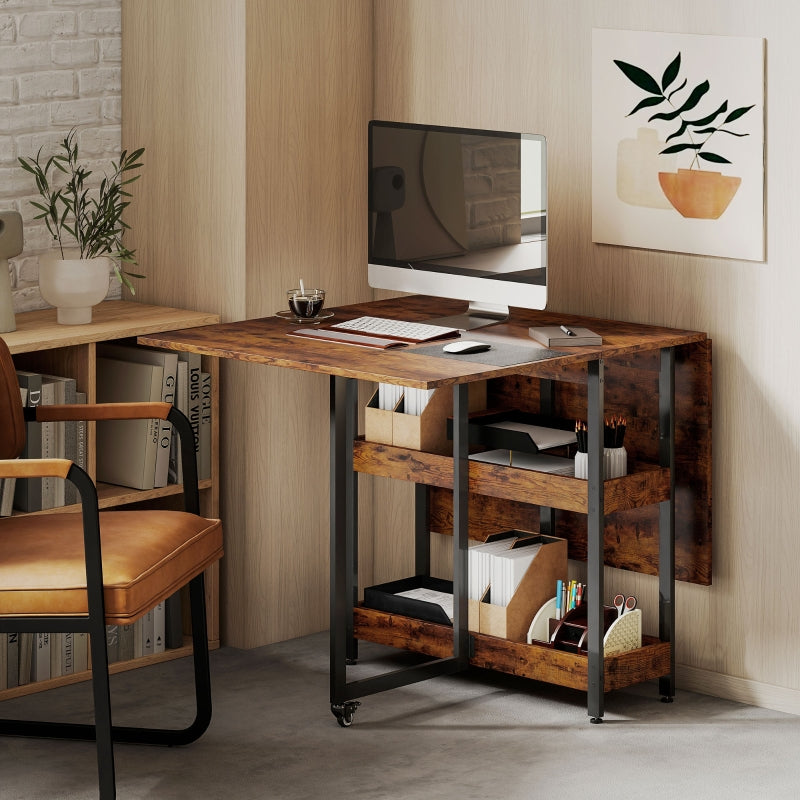 Folding Dining/Kitchen Table for 2-4 People, 2 Open Shelves, Portable, Rustic Brown