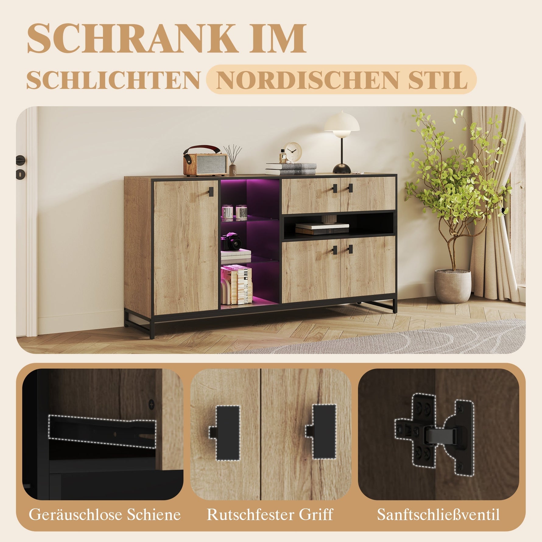 Modern Minimalist Storage Cabinet with Double Doors, Open Shelving and Glass Shelves, Wood and Metal