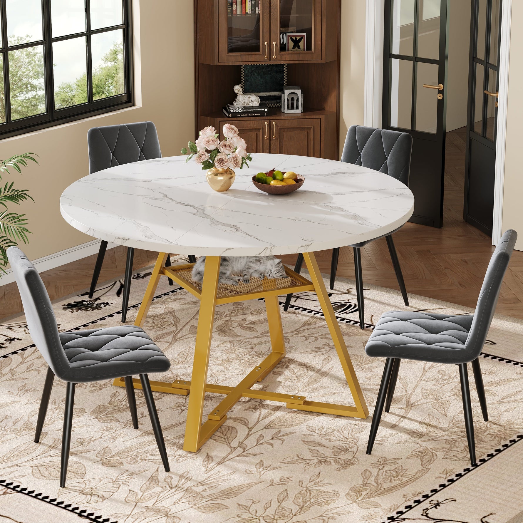 Round Dining Table Metal Legs Marble Look - Black/White