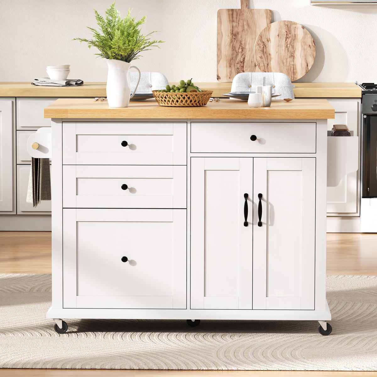 Mobile Kitchen Island, Extendable Dining Table Multifunctional Drawers, White