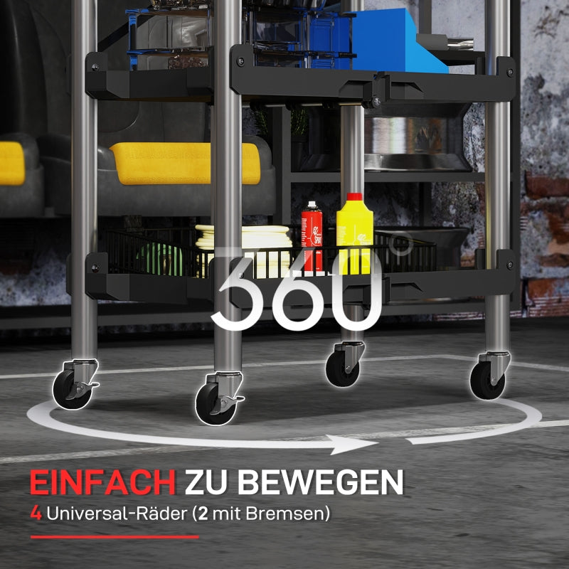 Workshop trolley 3 levels foldable tool with handle, 68 kg load capacity, black