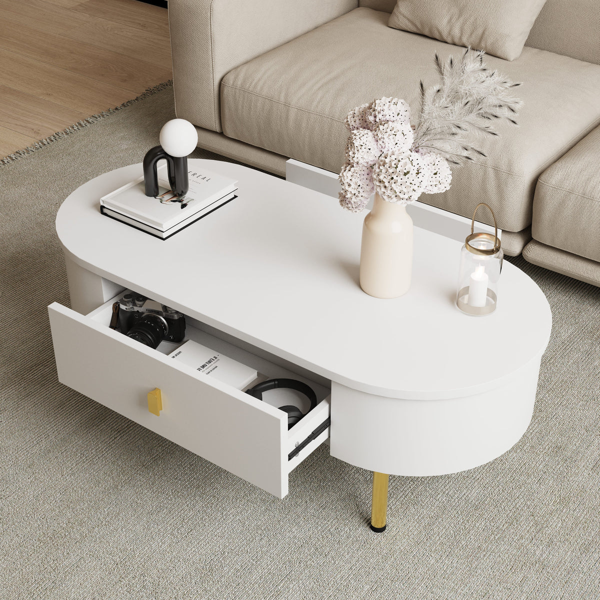 Coffee Table with Two Drawers, Curved Corners, Golden