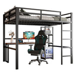 Loft Bed 140x200cm Iron Frame Desk Shelves Power USB/Type-C - Black