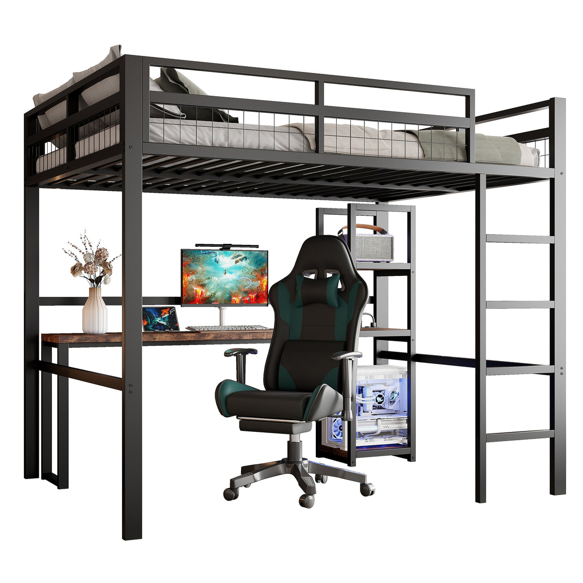 Loft Bed 140x200cm Iron Frame Desk Shelves Power USB/Type-C - Black