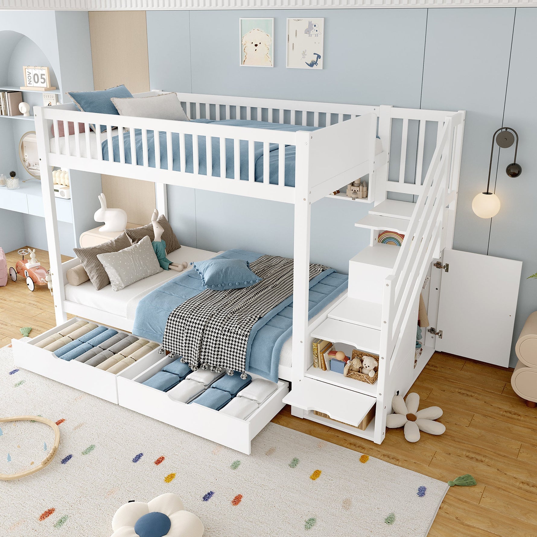 Bunk Bed 90x200cm Drawer Shelf Wardrobe Storage - White