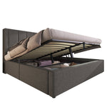 Upholstered Double Bed 140x200cm Hydraulic Storage Cup Holder Charging Station Linen Grey