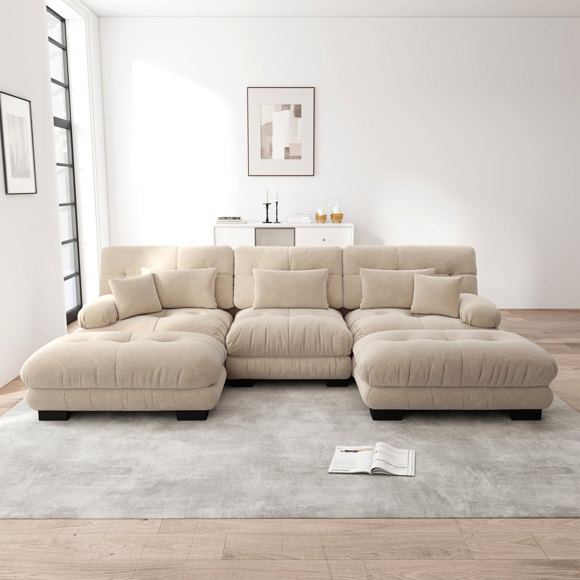 Modular Corner Sofa, Oversized U-Shaped Convertible Sleeper with Ottoman, Light Brown Chenille
