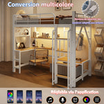 Loft Bed 90x200cm with Desk, Shelves & LED, White Iron Frame