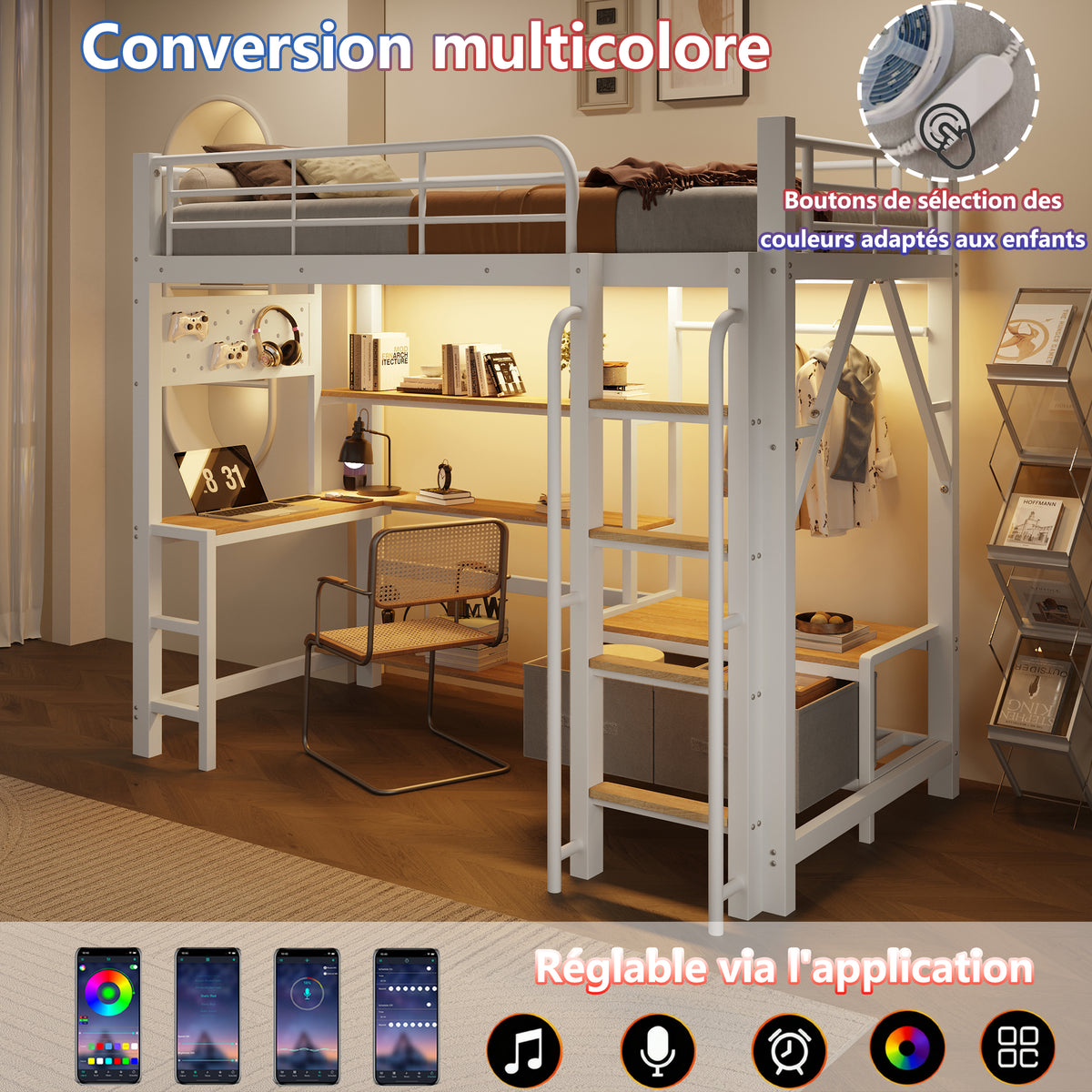 Loft Bed 90x200cm with Desk, Shelves & LED, White Iron Frame