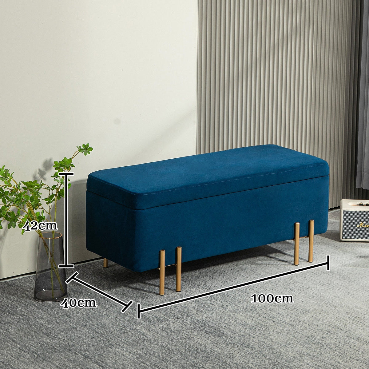 Bench, Upholstered Storage Chest, Dark Blue Fabric