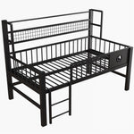 Low Loft Bed with Storage Compartments, 90x200cm, Black Metal