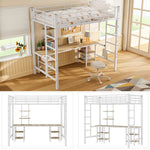 Iron Frame Bunk Bed with Table, Shelves, Safety Rail, 90x200cm, White Iron + MDF