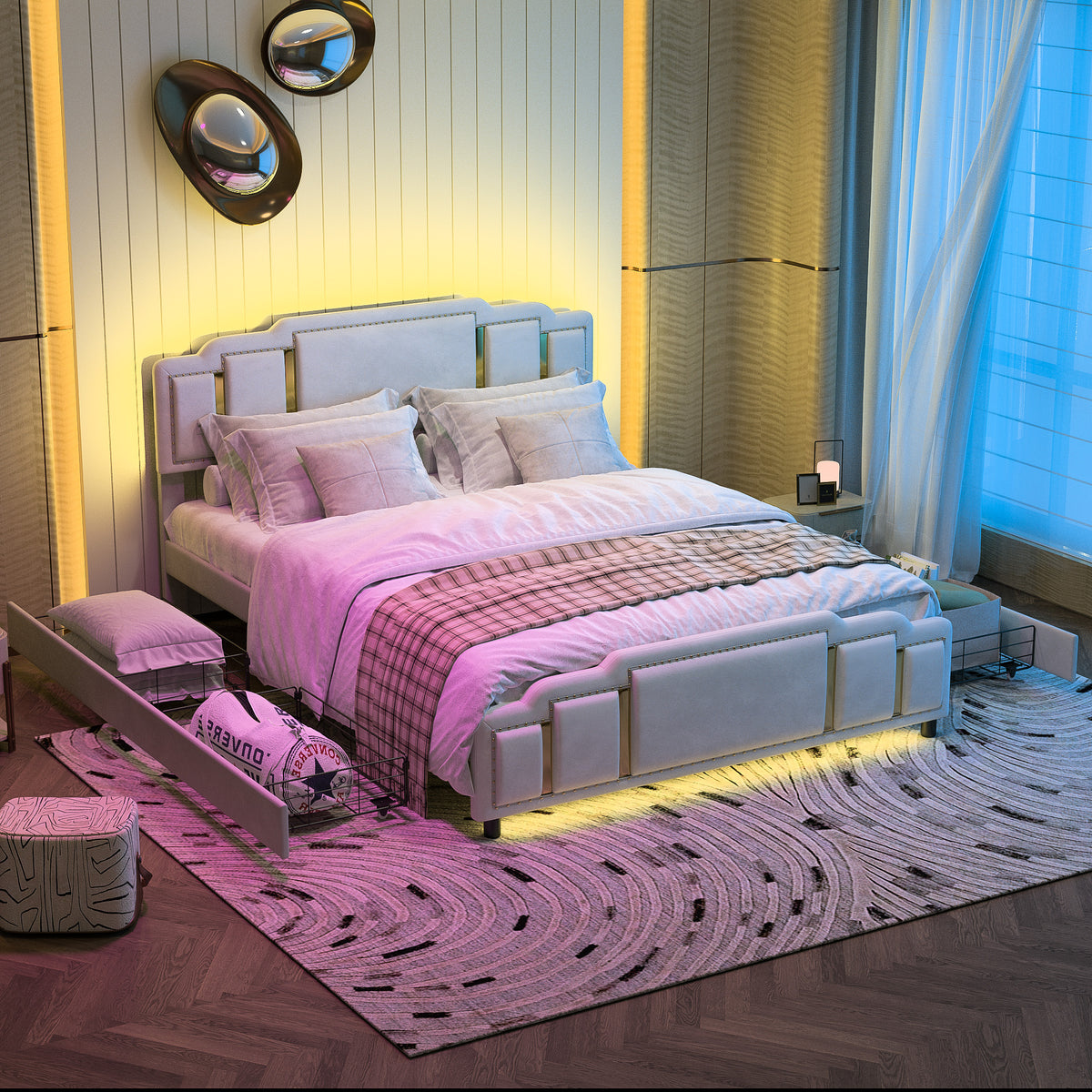 Double Bed 160x200cm with USB, LED & 4 Drawers, Dark Gray Linen