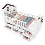 Mid-Height House Bed with Window, 4 Drawers and LED Light Strip, White