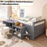 Children's Bed with Storage, Desk and European Sockets, 90x200cm, Grey Wood