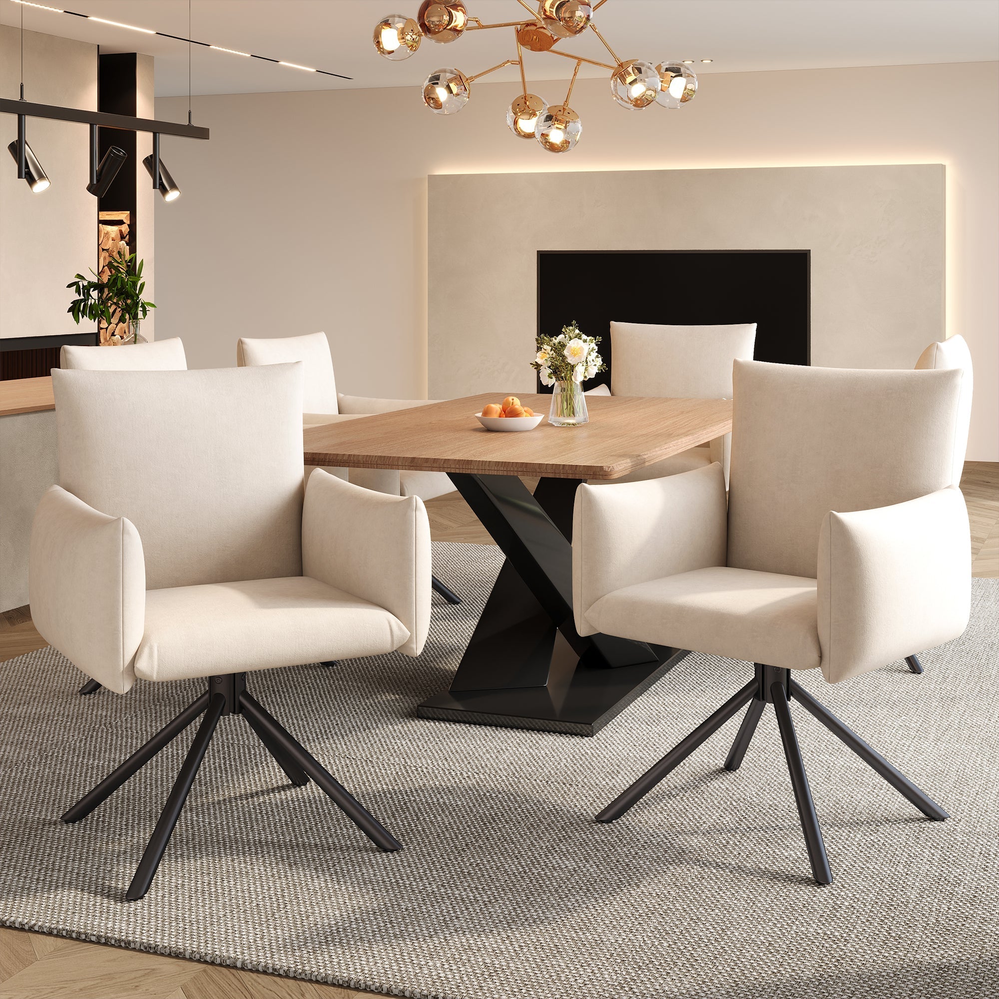 Dining Swivel Armchair Set of 6, Upholstered 360° Metal Legs Lumbar Support - Velvet Beige