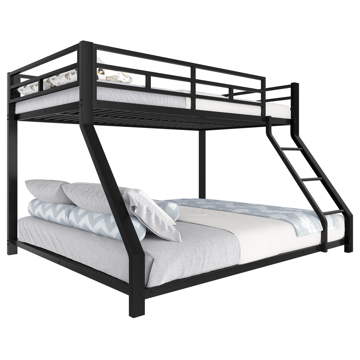 Bunk Bed 90x200 / 140x200 with Railing & Step, Black Metal