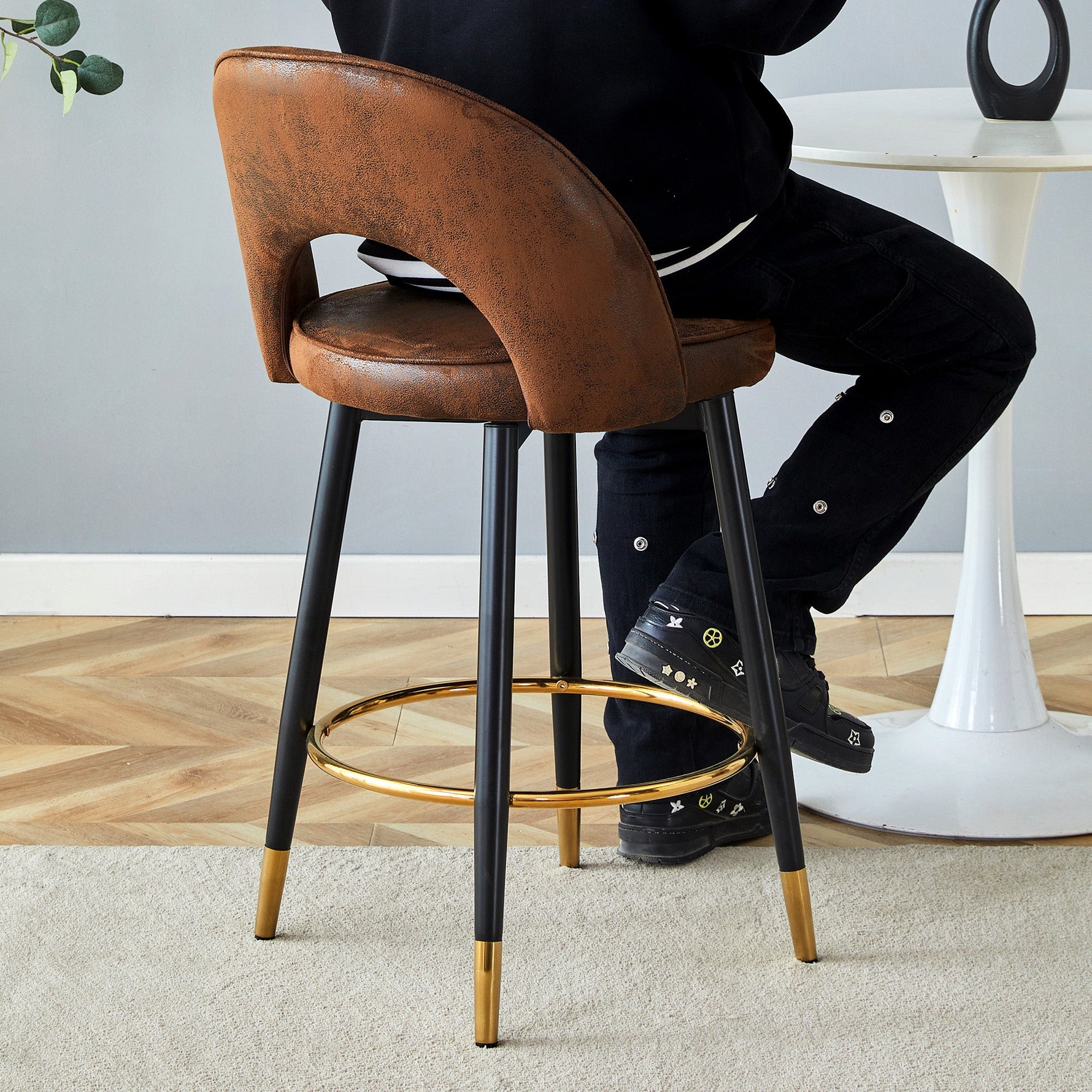 Bar Stool, 360° Swivel Padded Set of 2, Brown Technical Fabric