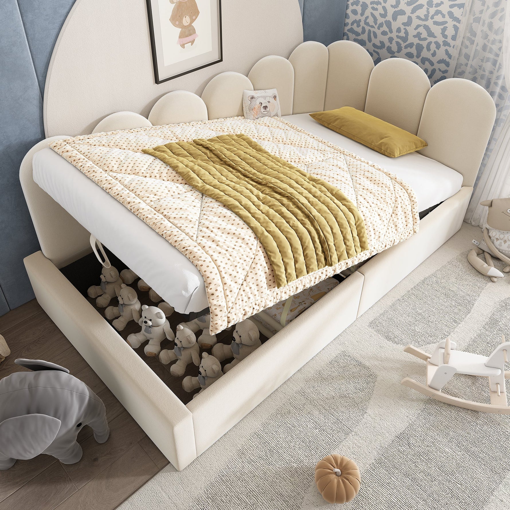 Upholstered Daybed Sofa Bed 90x190cm Hydraulic Storage Metal Slatted Base, Beige Velvet