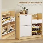 Shoe Rack with Tilting Drawers, Open Shelves, 4 Hooks, 14 Pairs, Natural