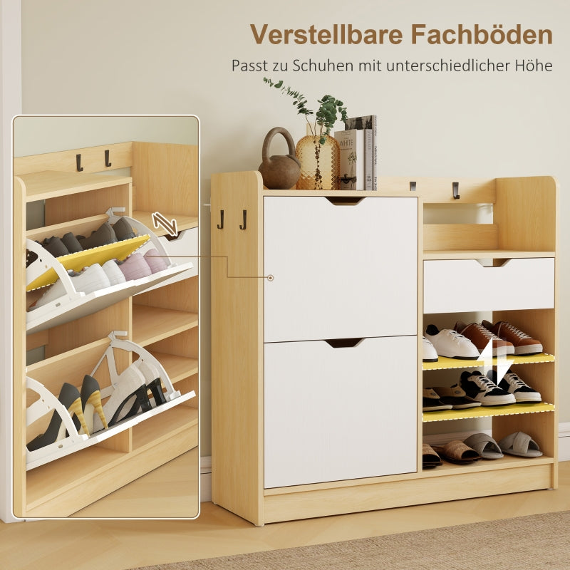 Shoe Rack with Tilting Drawers, Open Shelves, 4 Hooks, 14 Pairs, Natural