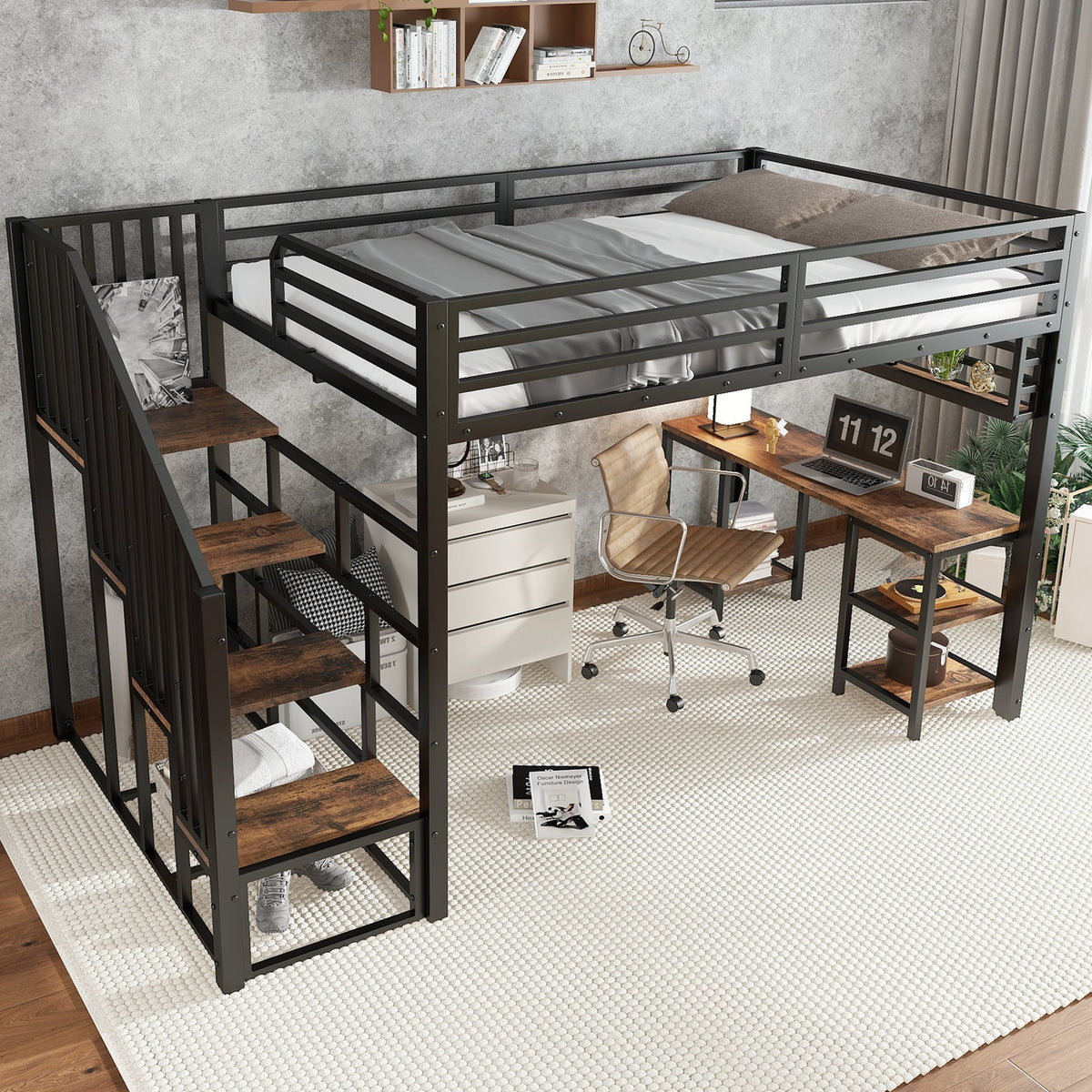 Loft Bed with Desk, Storage Stairs, Handrails, 120x200cm, Iron + Chipboard Black