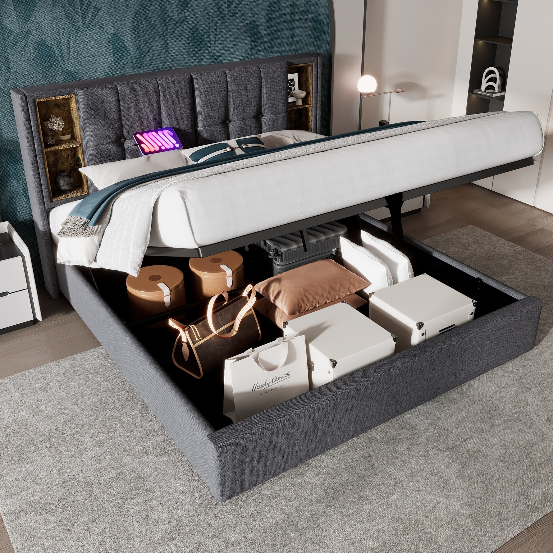Double Bed, Wireless Charging, 180x200cm, Storage, Grey Cotton