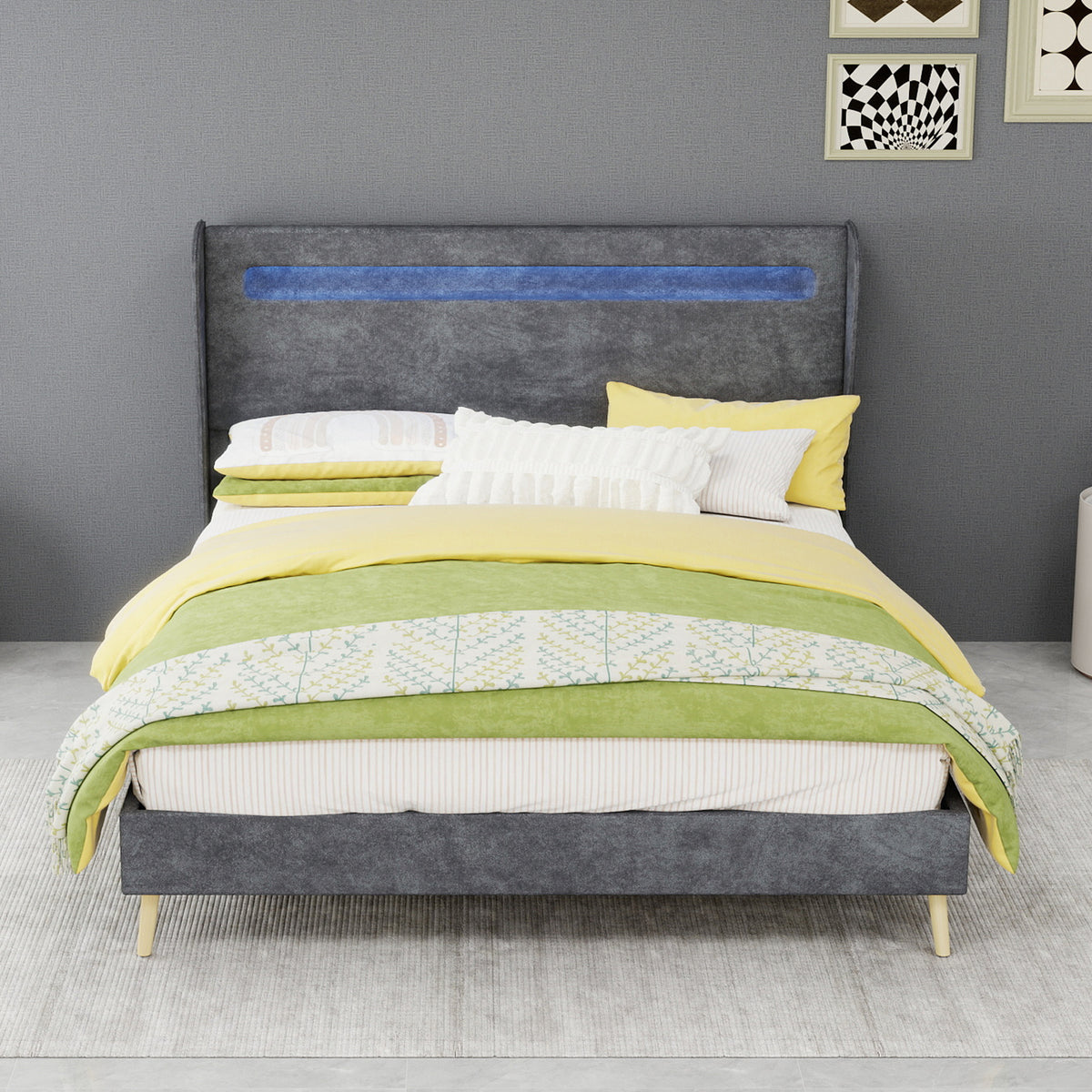 Modern Upholstered Bed 140x200cm with LED Headboard & Mattress, Grey