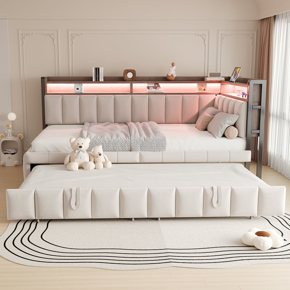 Upholstered Sofa Bed 90x200cm with Trundle & LED, Beige Velvet