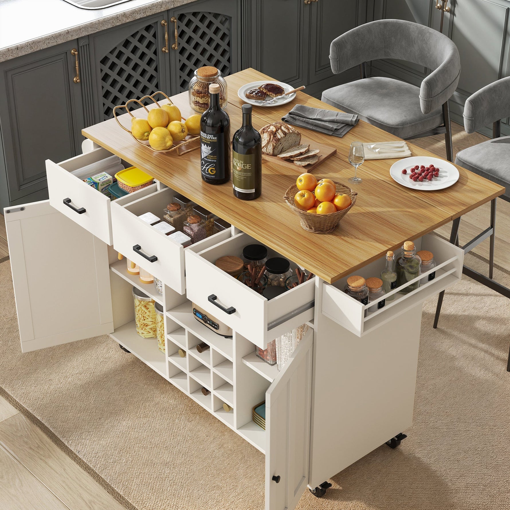 Dining Cart Removable Worktop Spice Rack Adjustable Storage - White