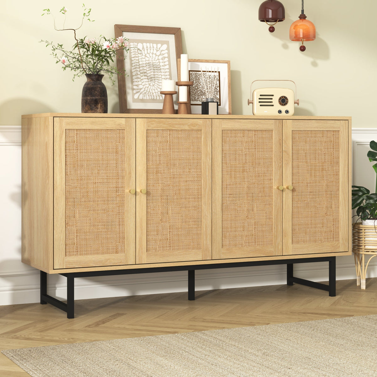 Sideboard with Real Rattan Weave, 4 Doors, 140x39.5x80 cm